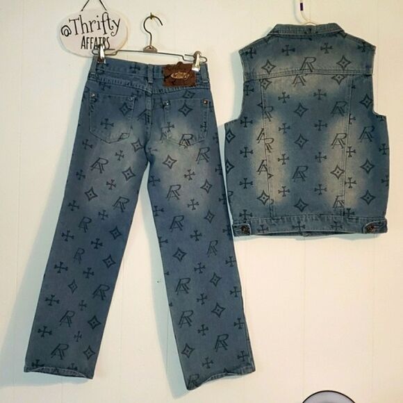Girls Denim on Denim Set Ruthless ART VTG Logo Jeans Size 8 Vest size 12 - Picture 3 of 13